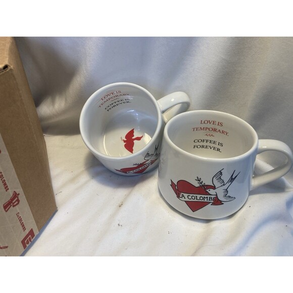 Set of 2 LA COLOMBE MUG New In Box Coffee Is Forever Love Is Temporary Tea Cafe - Picture 1 of 7
